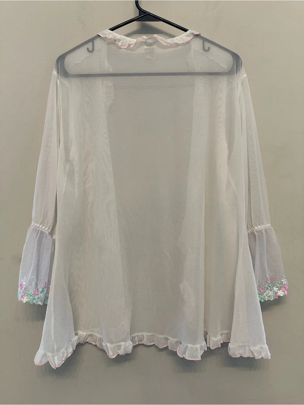 Vintage Y2K Fairycore Sheer White Ruffle-Trim Cardigan with Pink Accents 2X